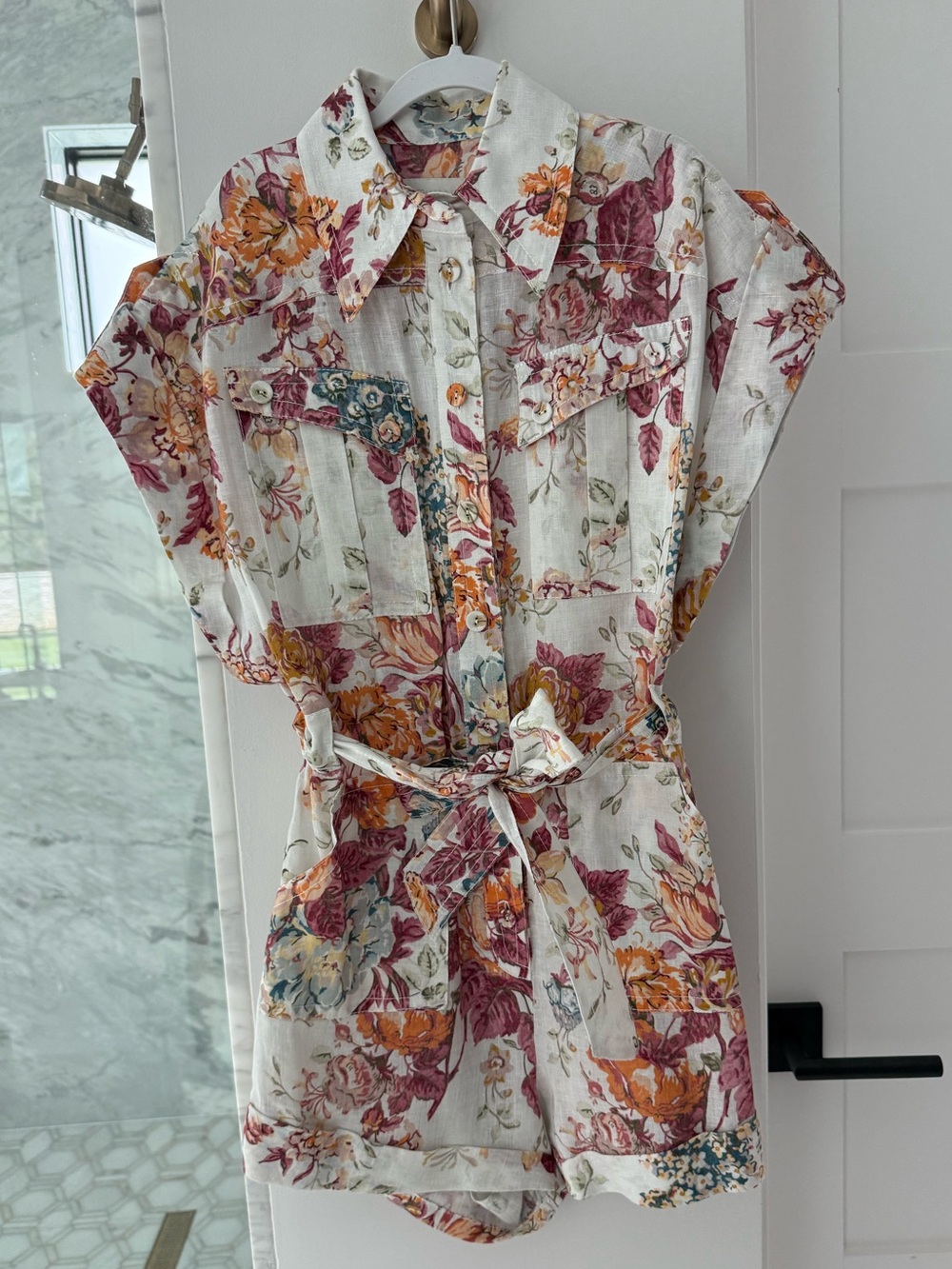Zimmermann Floral Button-Front Romper in Cream, Rose and Orange